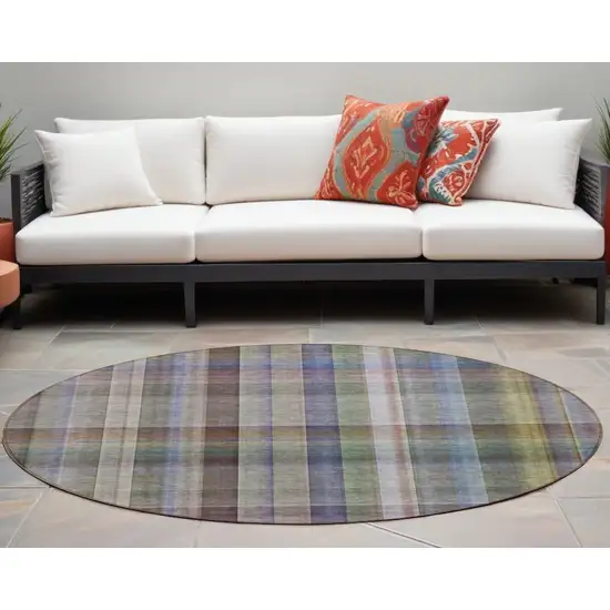 Gray Round Plaid Washable Non Skid Indoor Outdoor Area Rug Photo 1