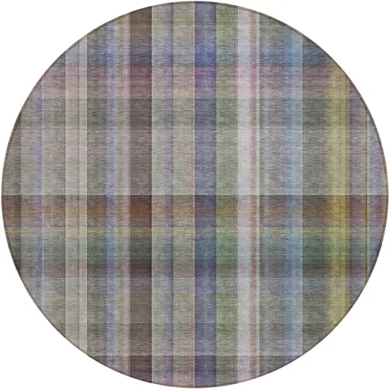 8' Round Gray Round Plaid Washable Non Skid Indoor Outdoor Area Rug Photo 2