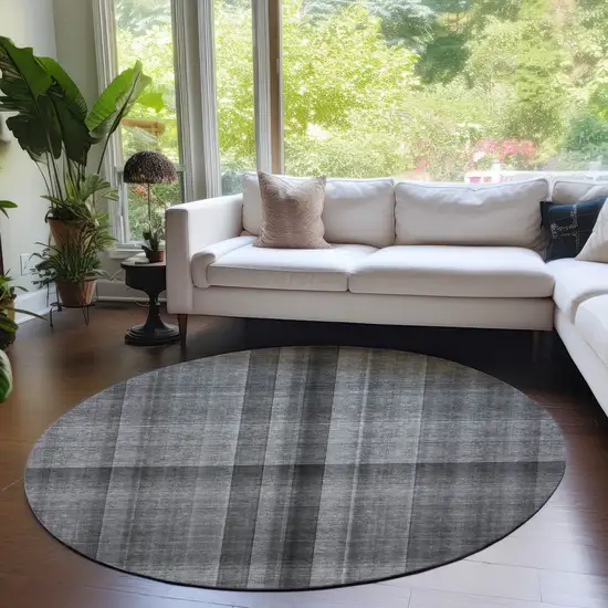 8' Round Gray Round Plaid Washable Non Skid Indoor Outdoor Area Rug Photo 9