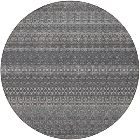 8' Round Gray Round Striped Washable Non Skid Indoor Outdoor Area Rug Photo 5