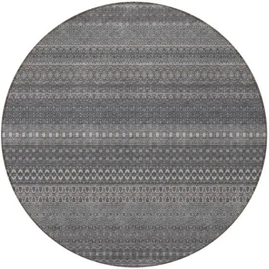 8' Round Gray Round Striped Washable Non Skid Indoor Outdoor Area Rug Photo 4