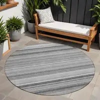 Photo of 8' Round Gray Round Striped Washable Non Skid Indoor Outdoor Area Rug