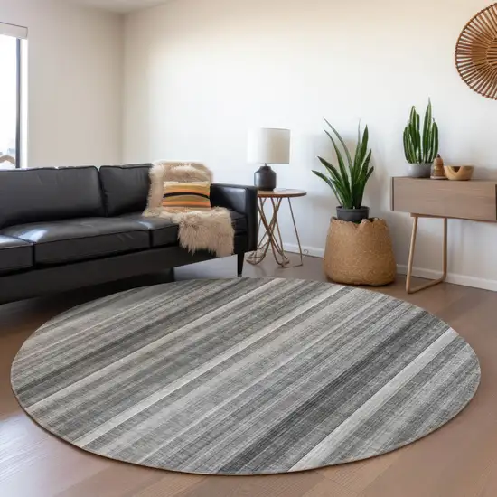 Gray Round Striped Washable Non Skid Indoor Outdoor Area Rug Photo 9