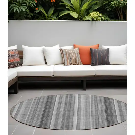 Gray Round Striped Washable Non Skid Indoor Outdoor Area Rug Photo 1