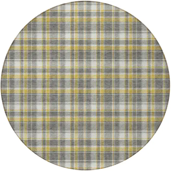 Gray Yellow and White Round Plaid Washable Non Skid Indoor Outdoor Area Rug Photo 5