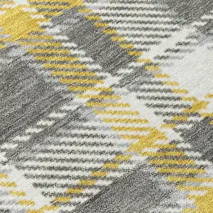 Photo of 8' Round Gray Yellow and White Round Plaid Washable Non Skid Indoor Outdoor Area Rug