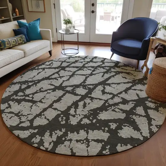 8' Round Gray and Black Round Abstract Washable Non Skid Indoor Outdoor Area Rug Photo 9