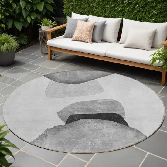 Gray and Black Round Abstract Washable Non Skid Indoor Outdoor Area Rug Photo 1