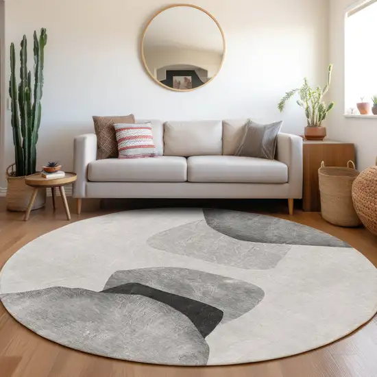 Gray and Black Round Abstract Washable Non Skid Indoor Outdoor Area Rug Photo 9