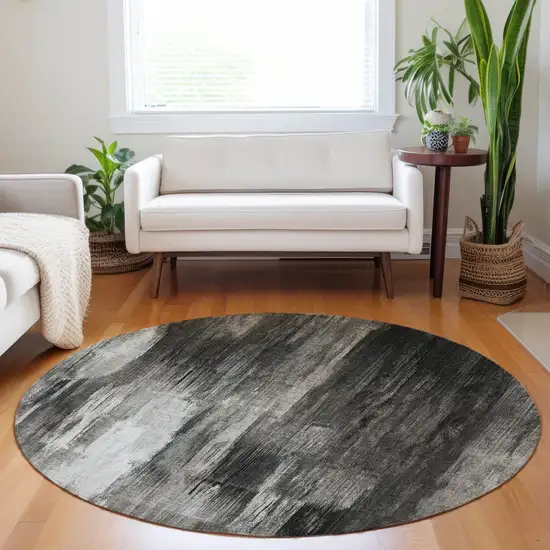 8' Round Gray and Black Round Abstract Washable Non Skid Indoor Outdoor Area Rug Photo 9