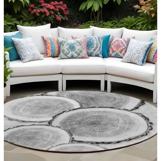 8' Round Gray and Black Round Faux Bois Washable Non Skid Indoor Outdoor Area Rug Photo 1