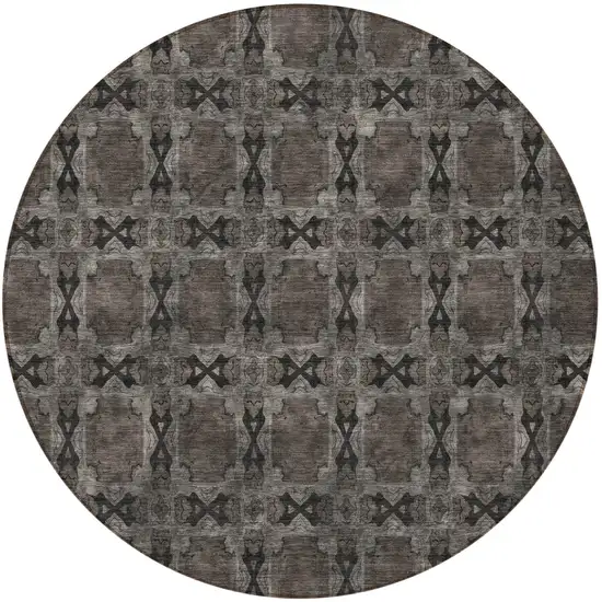 Gray and Black Round Floral Medallion Washable Non Skid Indoor Outdoor Area Rug Photo 4