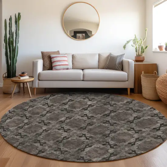 8' Round Gray and Black Round Floral Medallion Washable Non Skid Indoor Outdoor Area Rug Photo 9