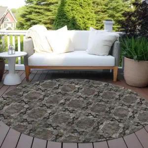 Photo of 8' Round Gray and Black Round Floral Medallion Washable Non Skid Indoor Outdoor Area Rug