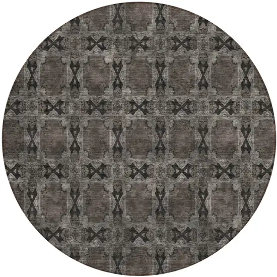 Gray and Black Round Floral Medallion Washable Non Skid Indoor Outdoor Area Rug Photo 2