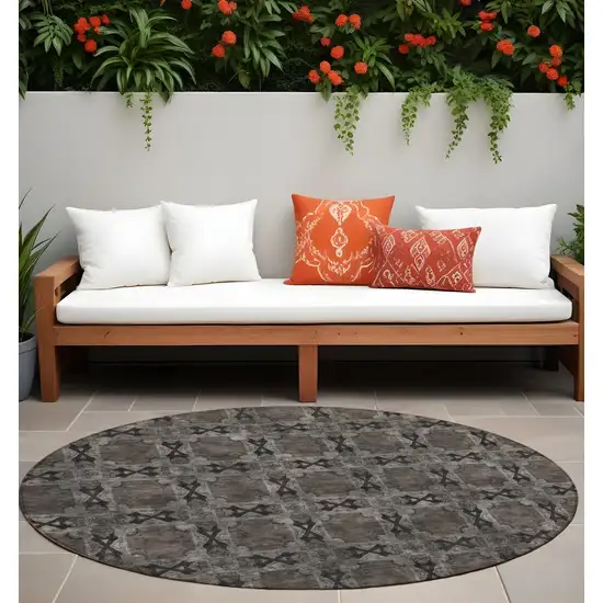 Gray and Black Round Floral Medallion Washable Non Skid Indoor Outdoor Area Rug Photo 1