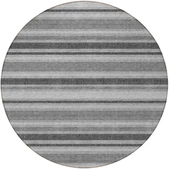 8' Round Gray and Black Round Striped Washable Non Skid Indoor Outdoor Area Rug Photo 4