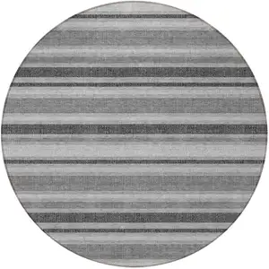 Photo of 8' Round Gray and Black Round Striped Washable Non Skid Indoor Outdoor Area Rug