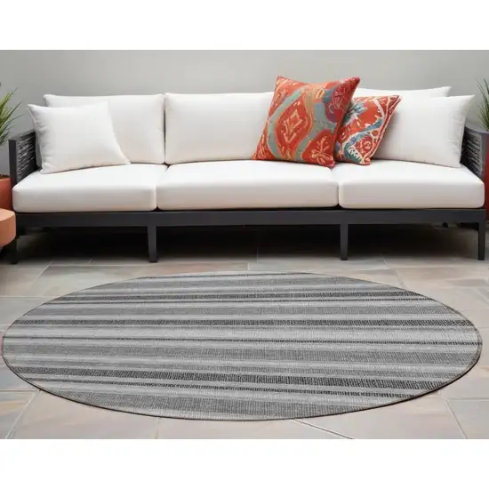 8' Round Gray and Black Round Striped Washable Non Skid Indoor Outdoor Area Rug Photo 1