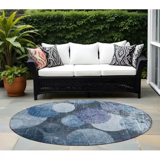 Gray and Blue Round Abstract Washable Non Skid Indoor Outdoor Area Rug Photo 1