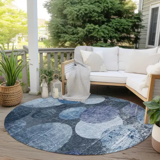 Gray and Blue Round Abstract Washable Non Skid Indoor Outdoor Area Rug Photo 6