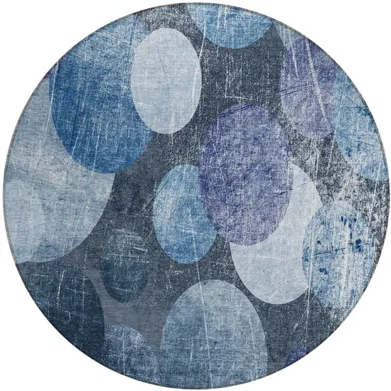 Gray and Blue Round Abstract Washable Non Skid Indoor Outdoor Area Rug Photo 2