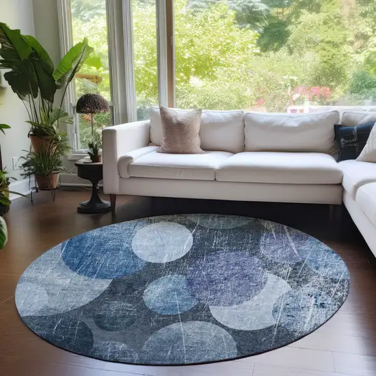 Gray and Blue Round Abstract Washable Non Skid Indoor Outdoor Area Rug Photo 7