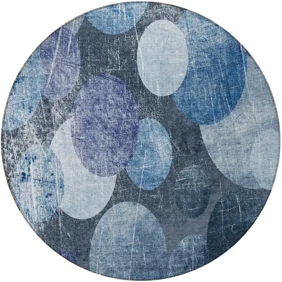 8' Round Gray and Blue Round Abstract Washable Non Skid Indoor Outdoor Area Rug Photo 3