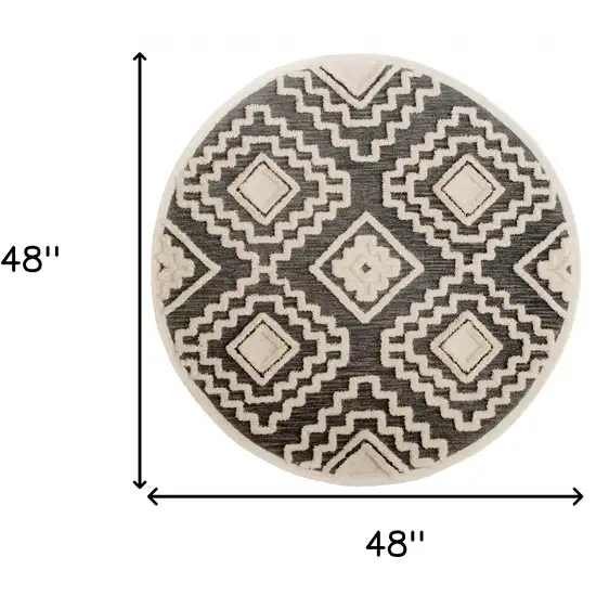 4' Round Gray and Cream Geometric Area Rug Photo 9