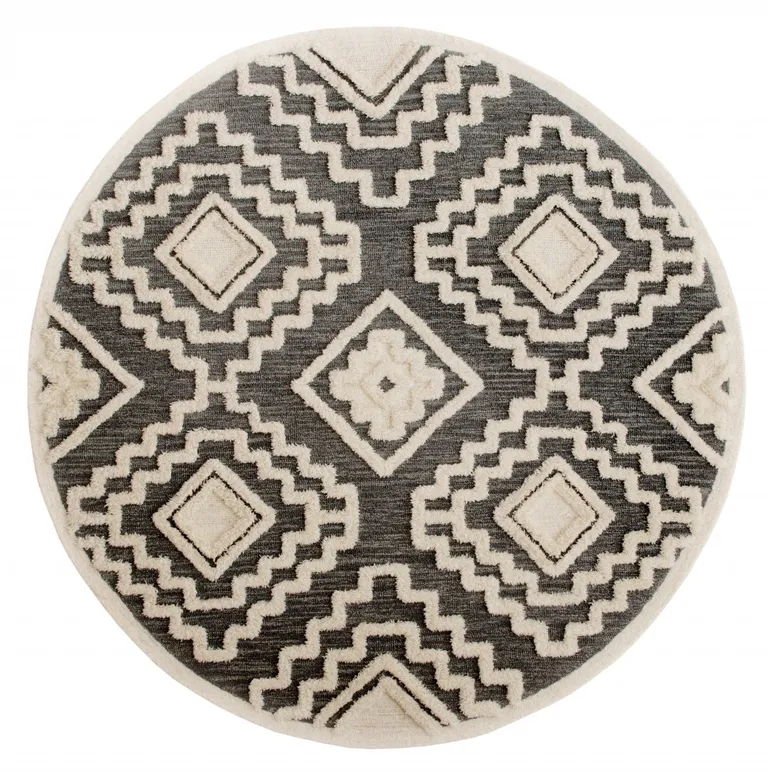 6' Round Gray and Cream Geometric Area Rug Photo 1