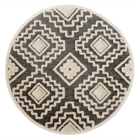 6' Round Gray and Cream Geometric Area Rug Photo 1