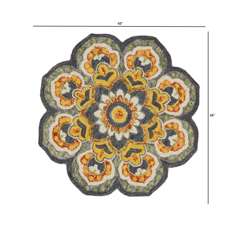 4' Round Gray and Gold Floret Area Rug Photo 3