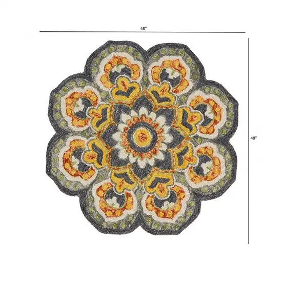 4' Round Gray and Gold Floret Area Rug Photo 3