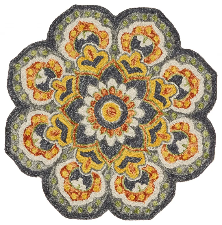 4' Round Gray and Gold Floret Area Rug Photo 1