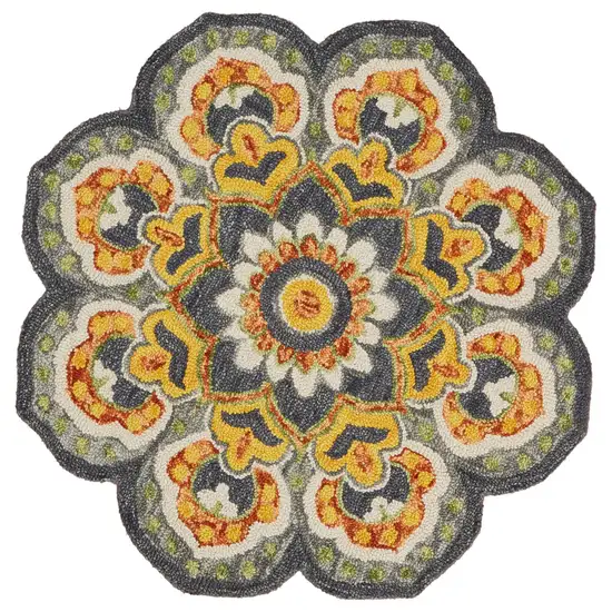 4' Round Gray and Gold Floret Area Rug Photo 1