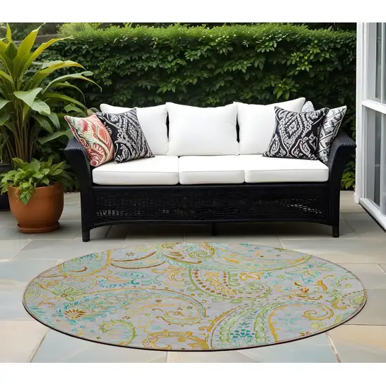 8' Round Gray and Gold Round Paisley Washable Non Skid Indoor Outdoor Area Rug Photo 1