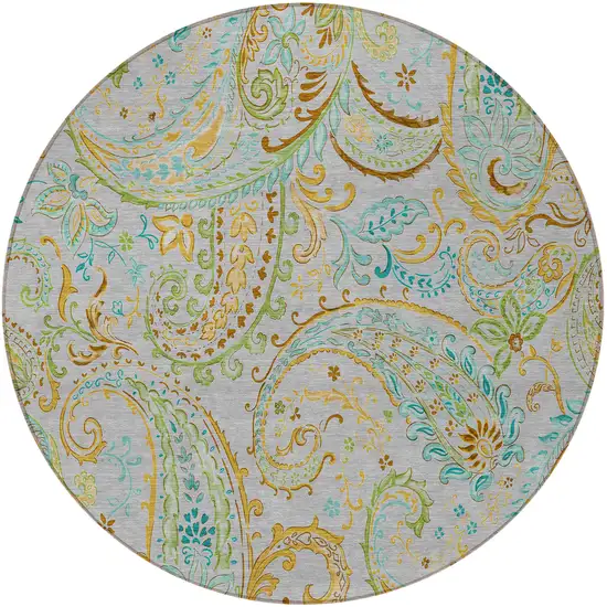 Gray and Gold Round Paisley Washable Non Skid Indoor Outdoor Area Rug Photo 5