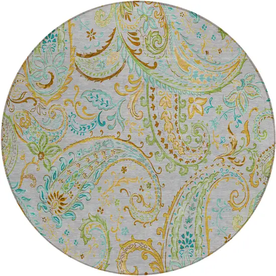 8' Round Gray and Gold Round Paisley Washable Non Skid Indoor Outdoor Area Rug Photo 2