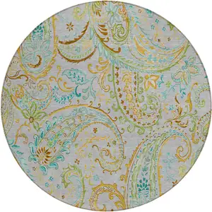 Photo of 8' Round Gray and Gold Round Paisley Washable Non Skid Indoor Outdoor Area Rug