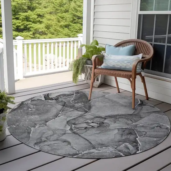 8' Round Gray and Ivory Round Abstract Washable Non Skid Indoor Outdoor Area Rug Photo 8