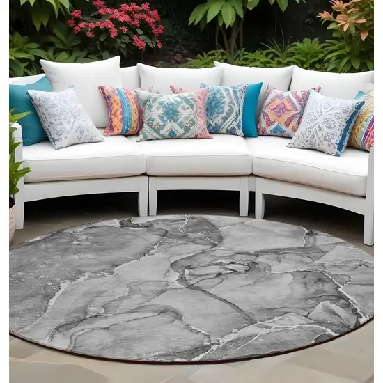 Gray and Ivory Round Abstract Washable Non Skid Indoor Outdoor Area Rug Photo 1