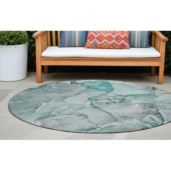 Gray and Ivory Round Abstract Washable Non Skid Indoor Outdoor Area Rug Photo 1