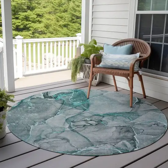 8' Round Gray and Ivory Round Abstract Washable Non Skid Indoor Outdoor Area Rug Photo 8