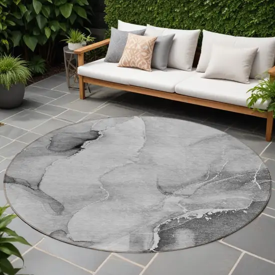 Gray and Ivory Round Abstract Washable Non Skid Indoor Outdoor Area Rug Photo 1