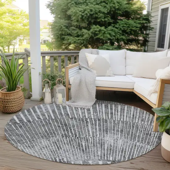 8' Round Gray and Ivory Round Abstract Washable Non Skid Indoor Outdoor Area Rug Photo 9