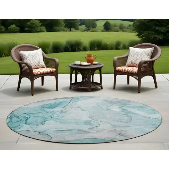 Gray and Ivory Round Abstract Washable Non Skid Indoor Outdoor Area Rug Photo 1