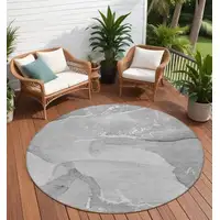 Photo of 8' Round Gray and Ivory Round Abstract Washable Non Skid Indoor Outdoor Area Rug