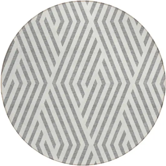 Gray and Ivory Round Geometric Washable Non Skid Indoor Outdoor Area Rug Photo 2