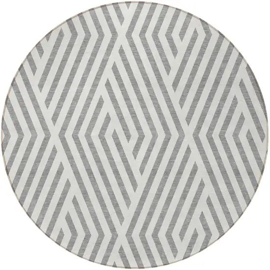 Gray and Ivory Round Geometric Washable Non Skid Indoor Outdoor Area Rug Photo 5