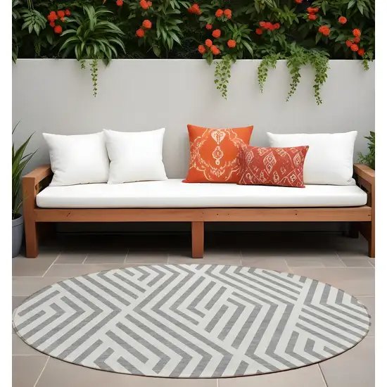 Gray and Ivory Round Geometric Washable Non Skid Indoor Outdoor Area Rug Photo 1